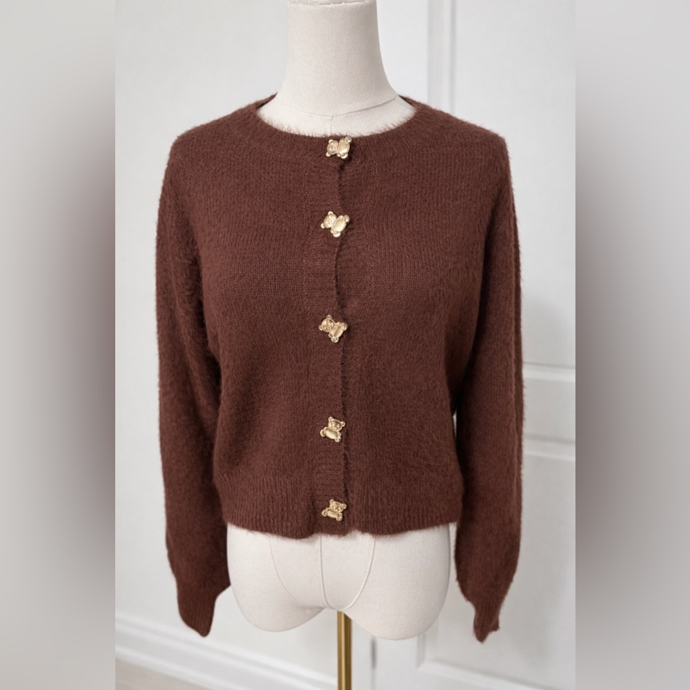 Dreamers Brown Fuzzy Cardigan • Size Small • Gold Buttons